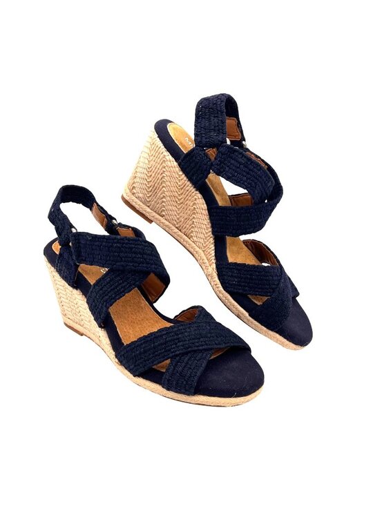 Michelle D Shoes - Michelle D Navy Wedge Sandals 8.5M Braided Fabric Straps & Jute Espadrille Heel